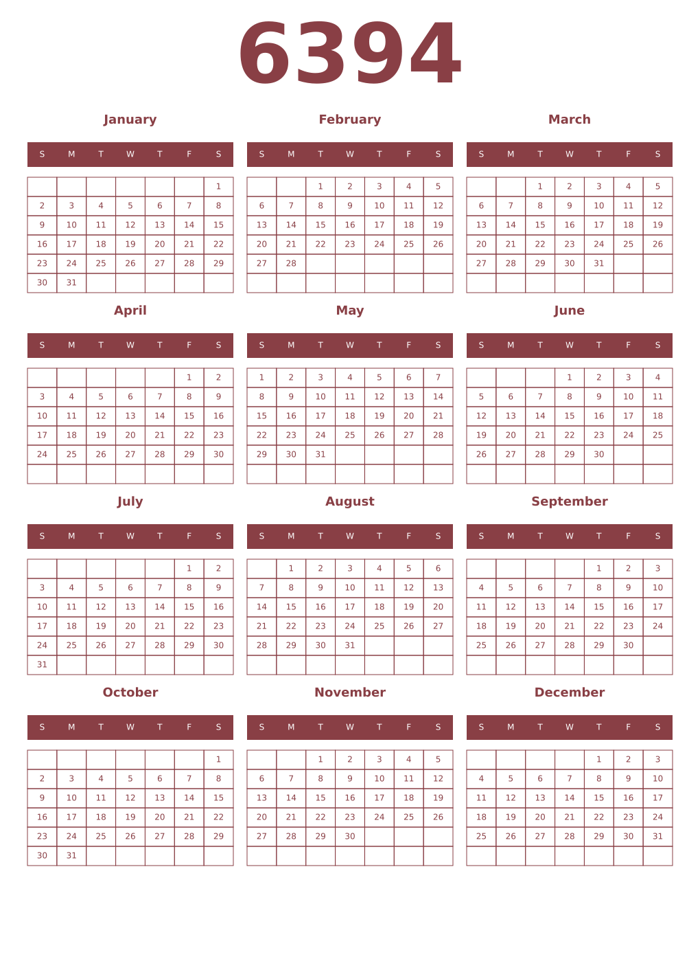 Printable 6394 Year Calendars cordovan