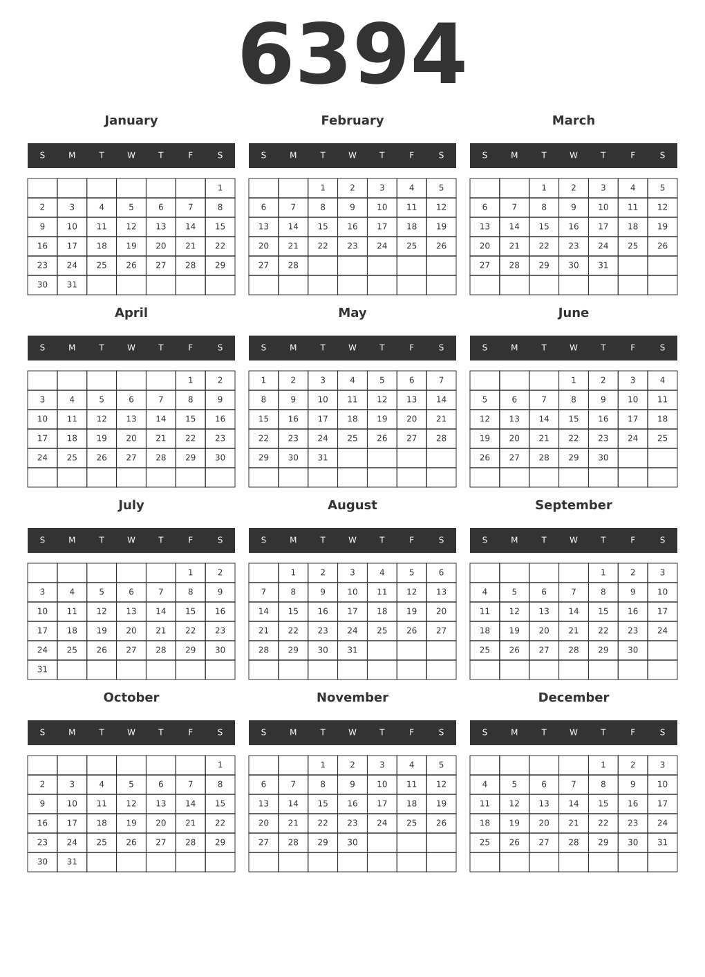 Printable 6394 Year Calendars dark