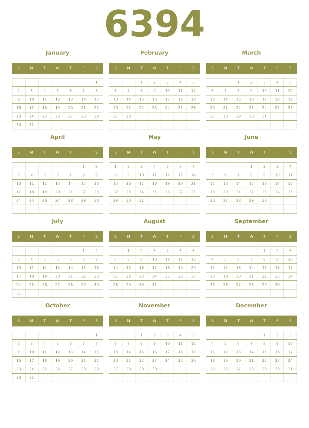 Printable 6394 Year Calendars eburnean