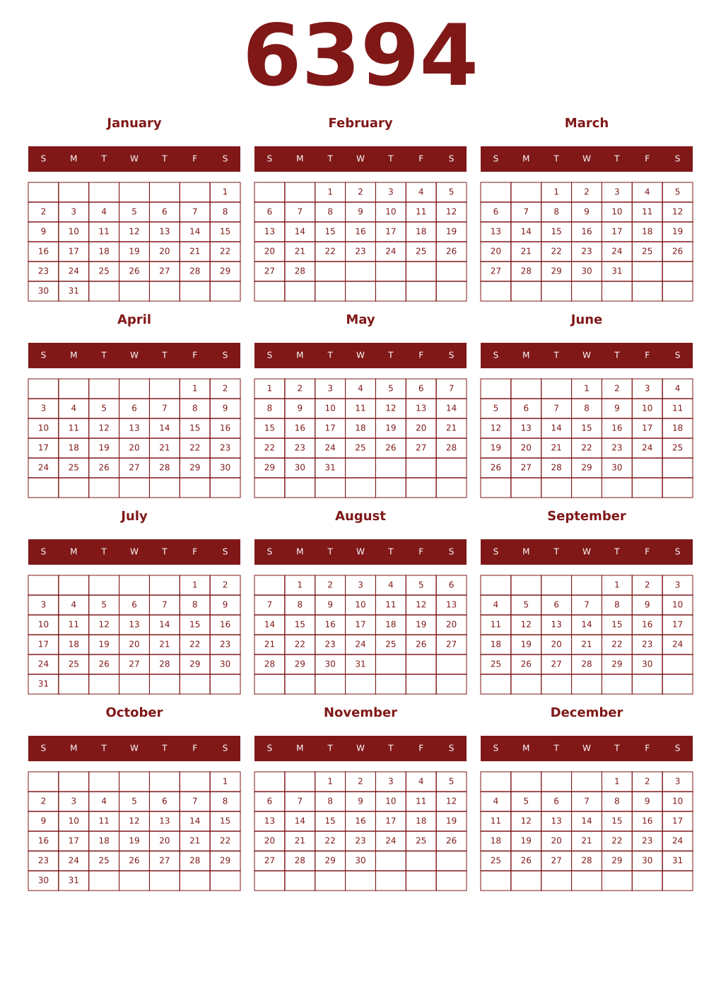 Printable 6394 Year Calendars falu