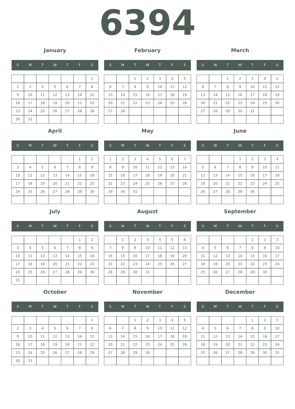 Printable 6394 Year Calendars feldgrau