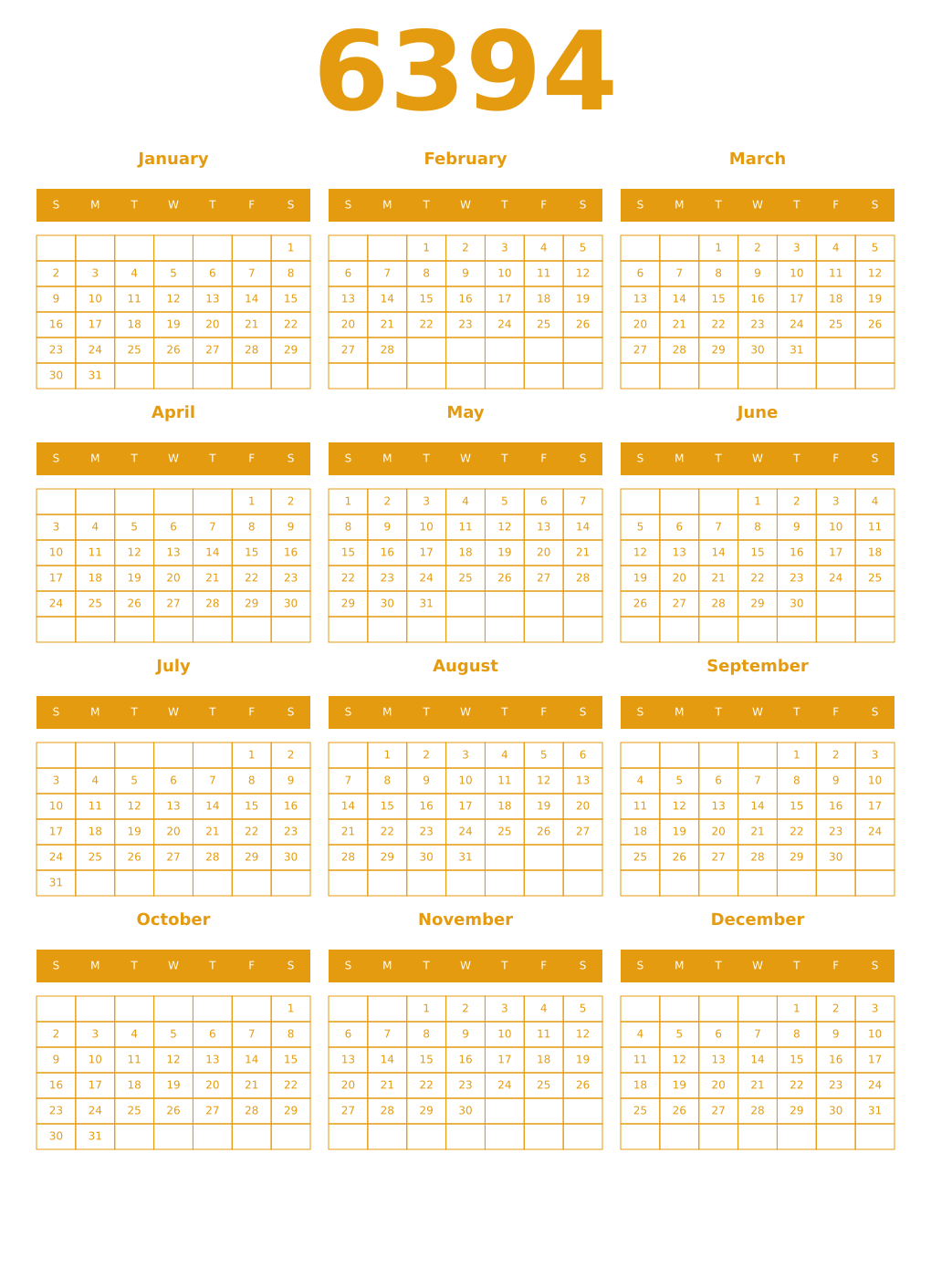 Printable 6394 Year Calendars gamboge