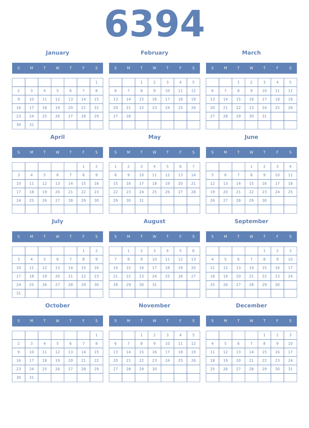 Printable 6394 Year Calendars glaucous