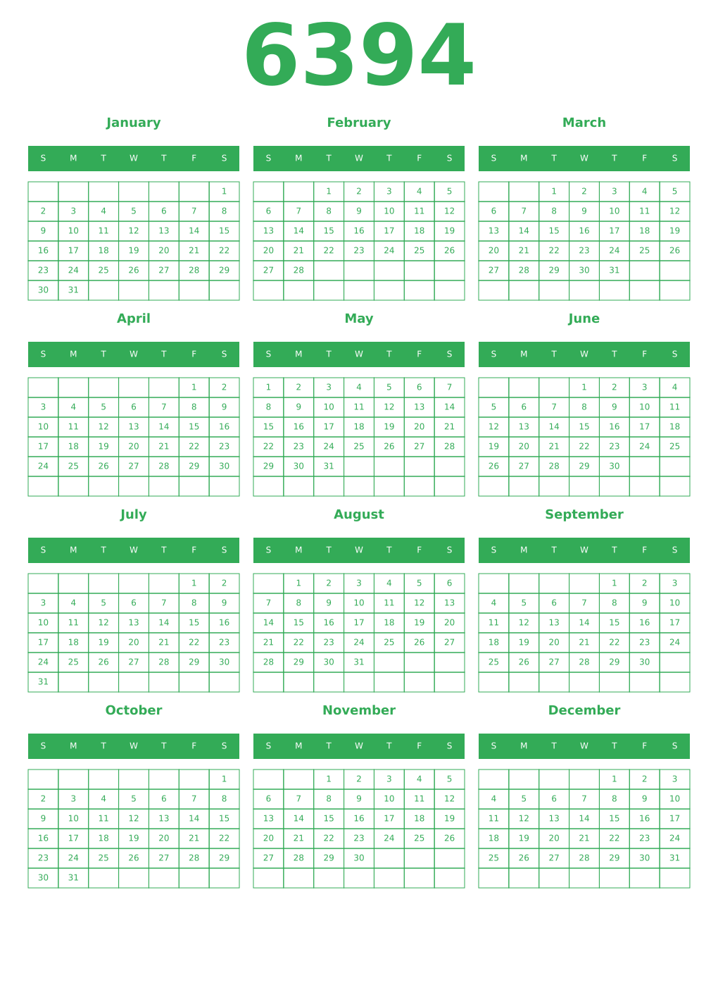 Printable 6394 Year Calendars green