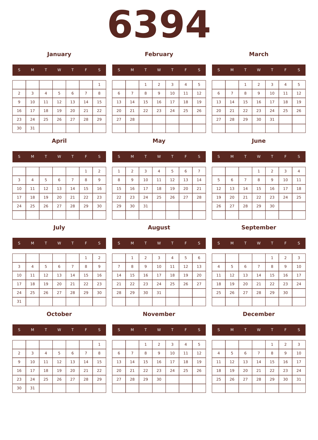 Printable 6394 Year Calendars mortuum