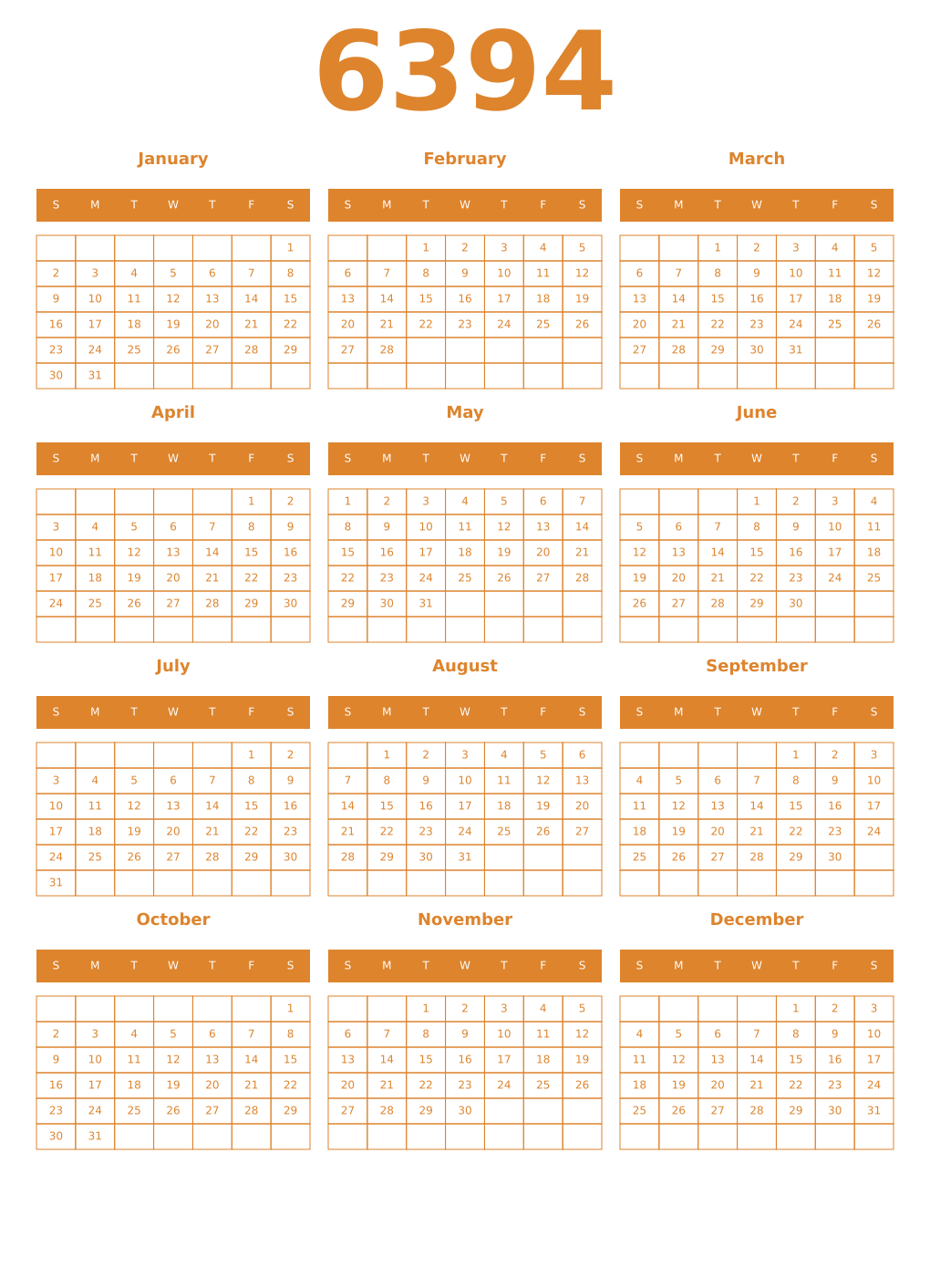 Printable 6394 Year Calendars orange
