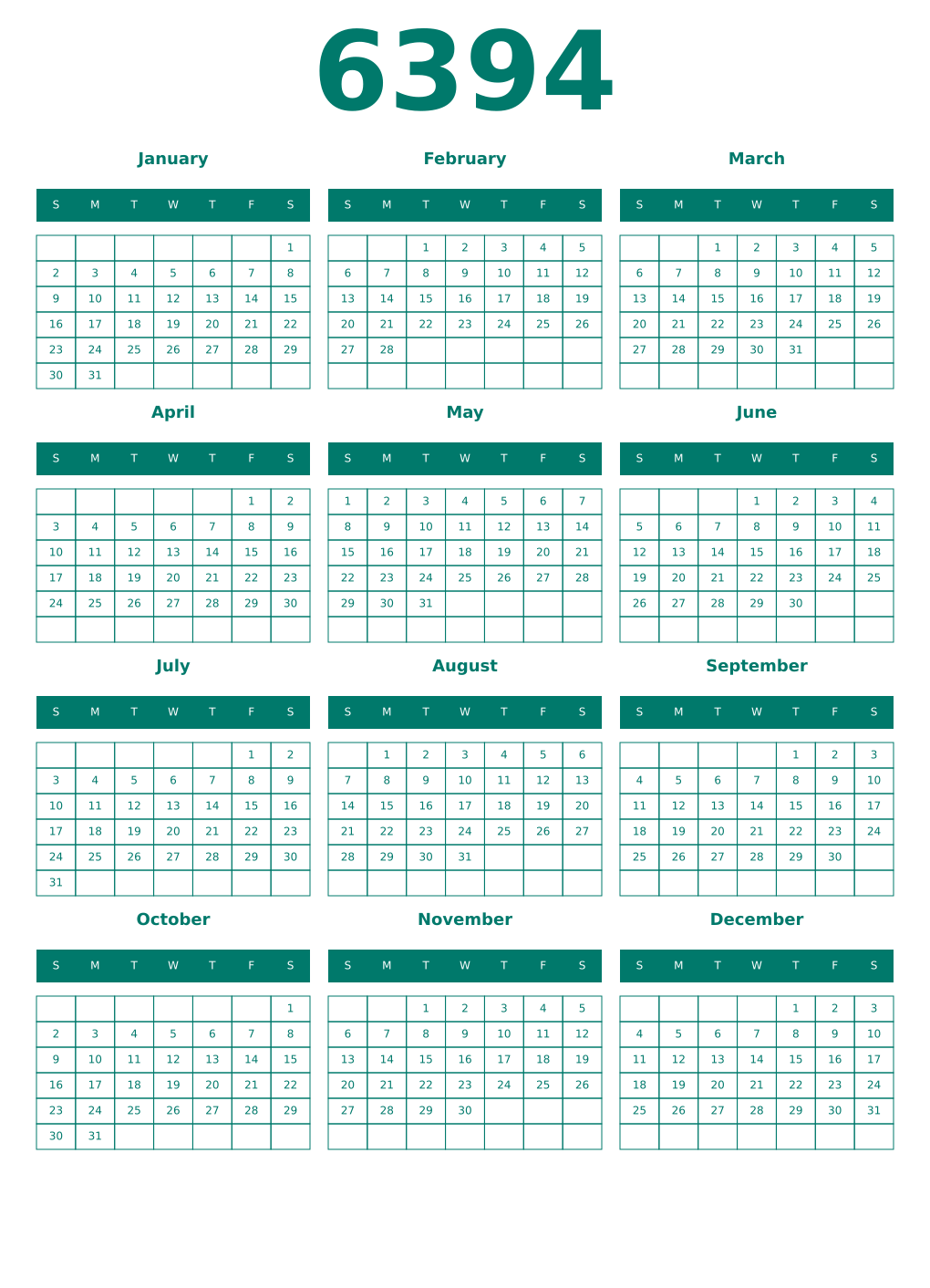 Printable 6394 Year Calendars pastel
