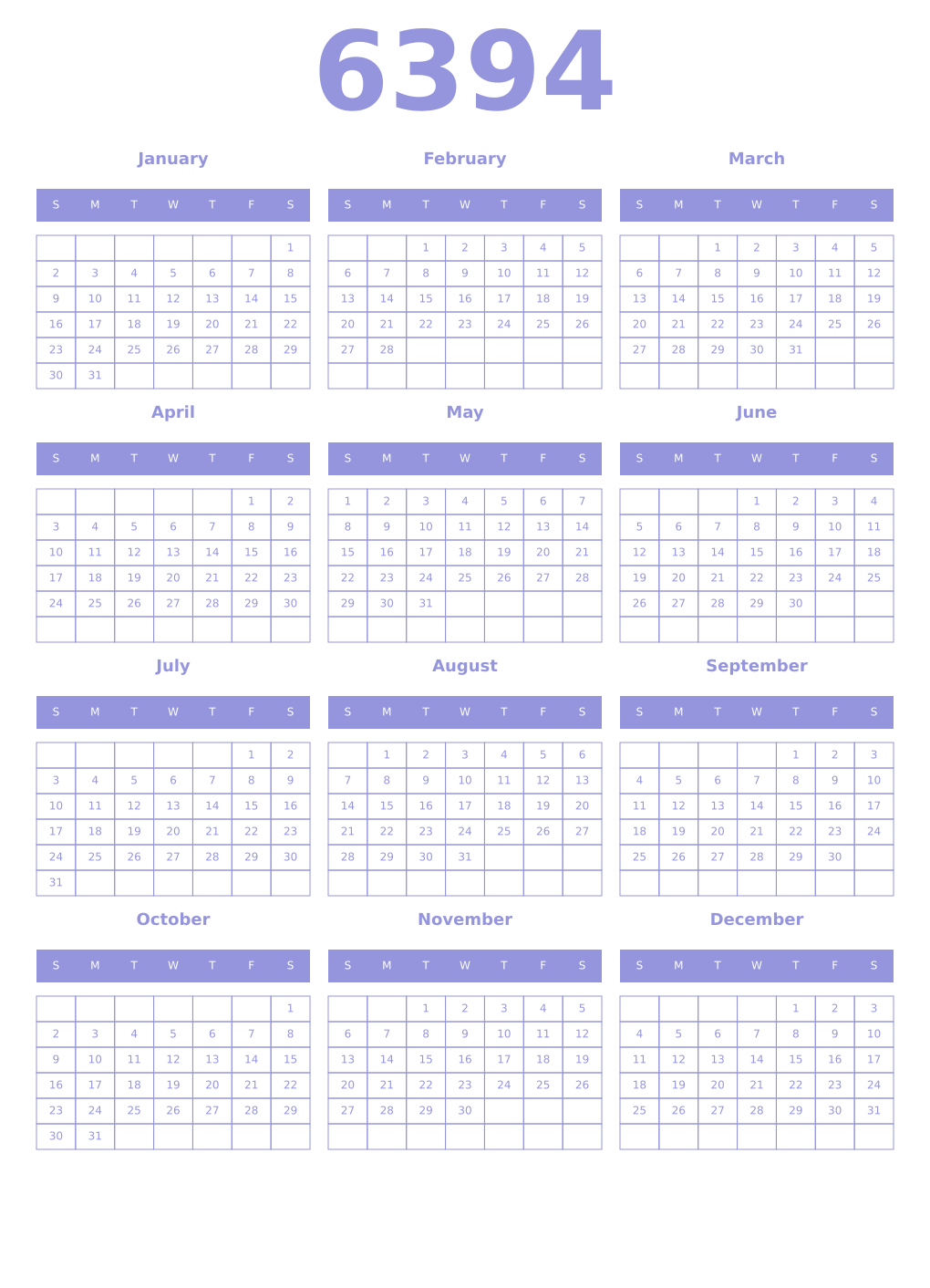 Printable 6394 Year Calendars periwinkle
