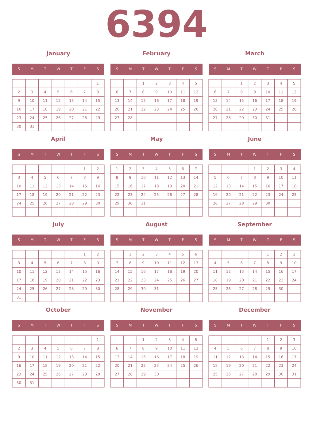 Printable 6394 Year Calendars puce