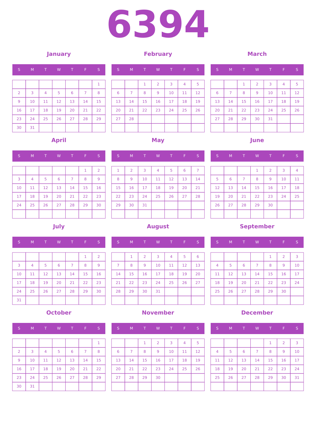 Printable 6394 Year Calendars purple