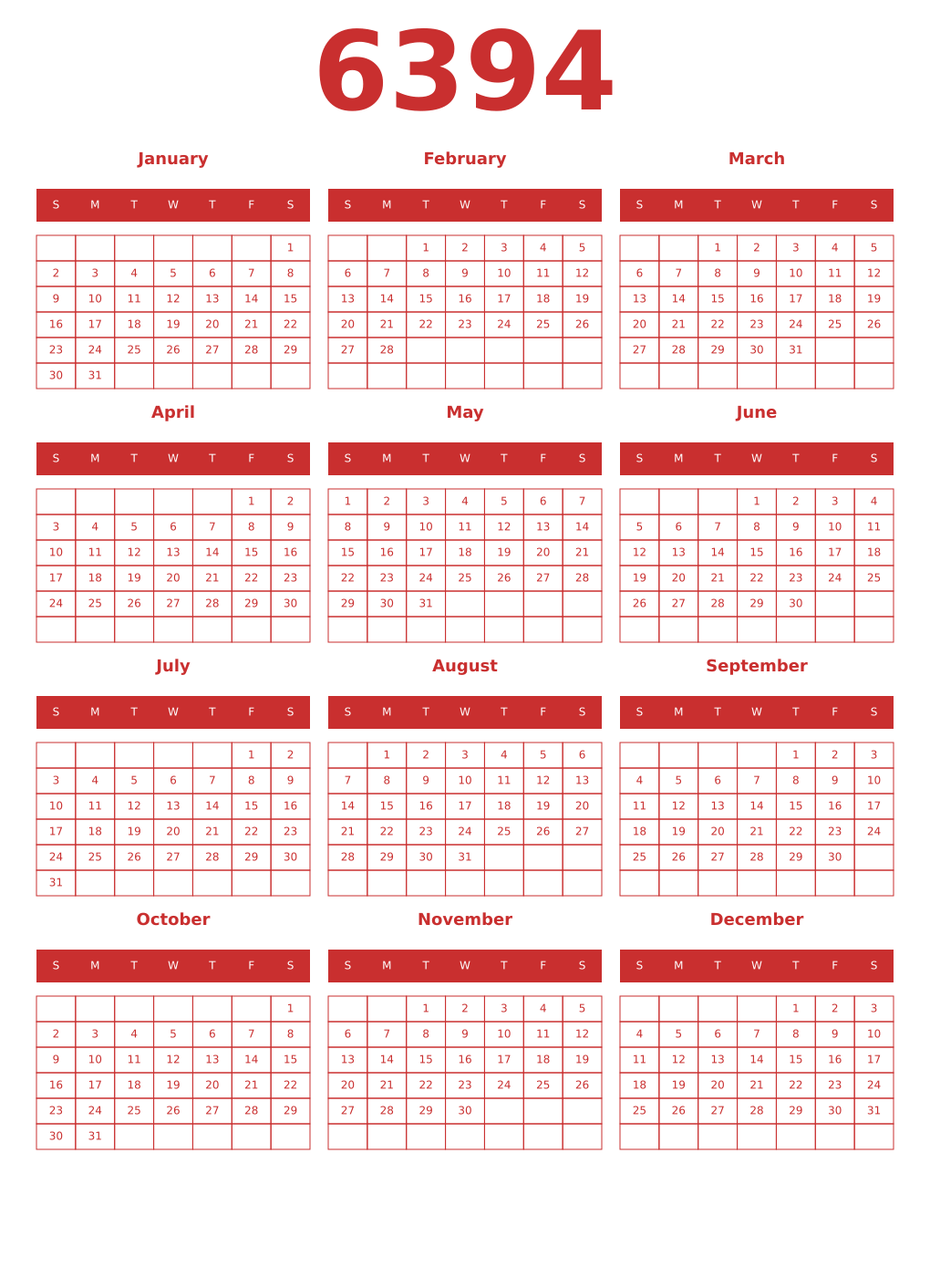 Printable 6394 Year Calendars red