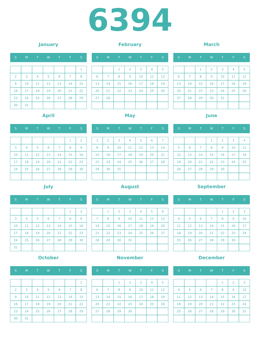 Printable 6394 Year Calendars verdigris