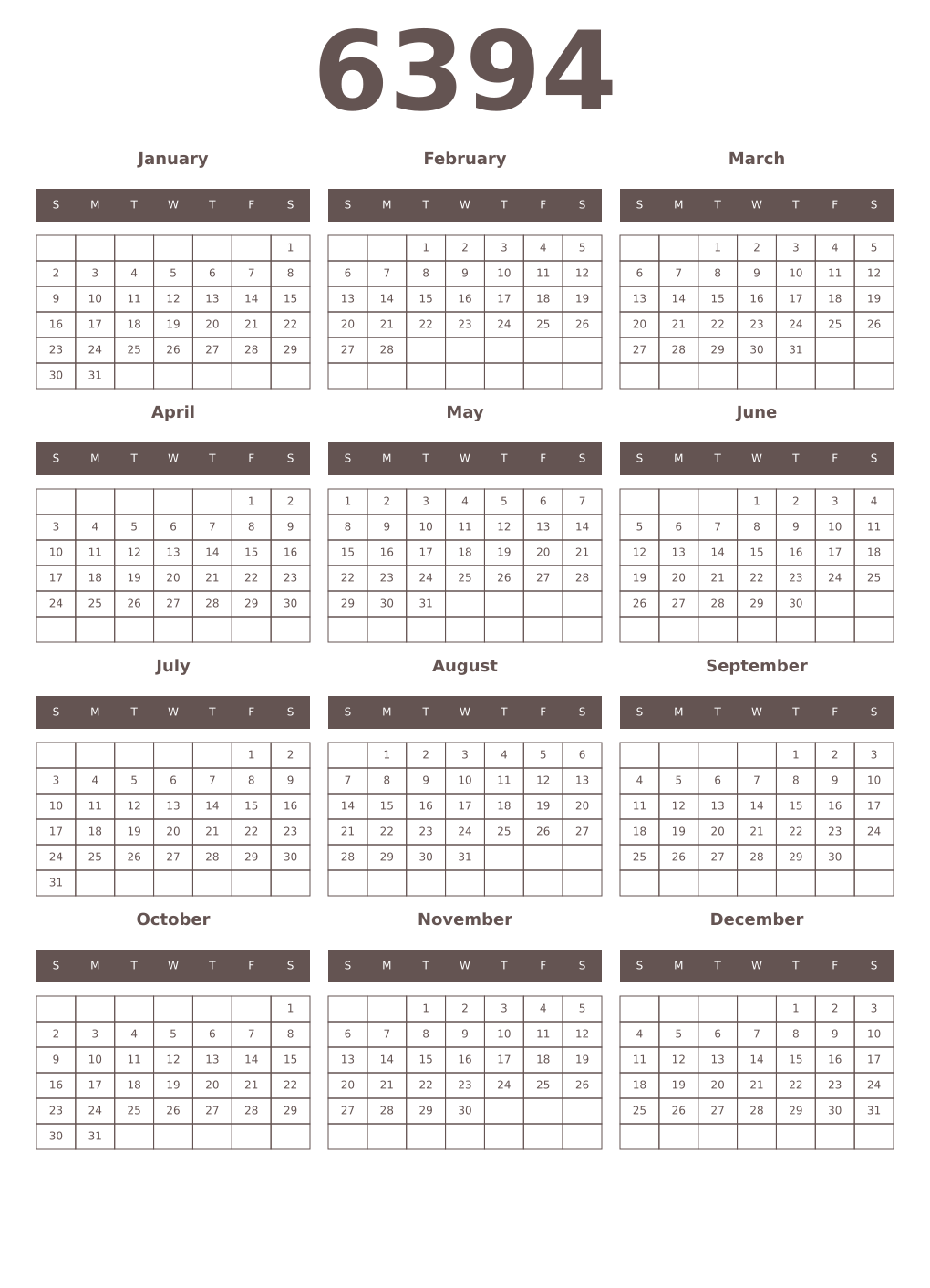 Printable 6394 Year Calendars wenge