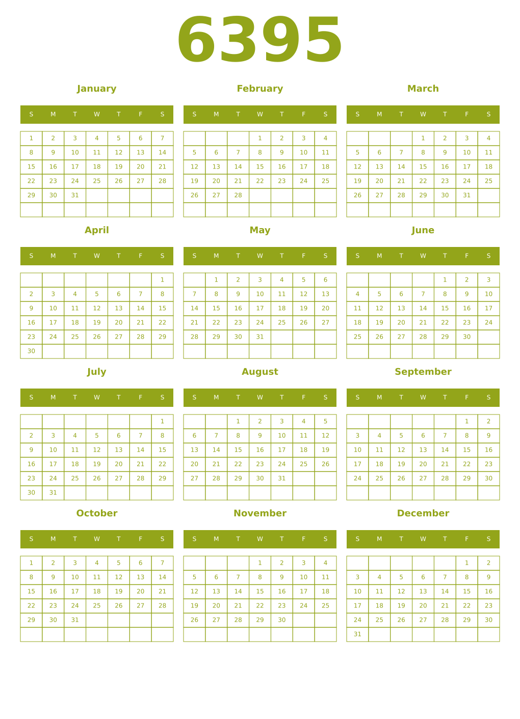 Printable 6395 Year Calendars chartreuse