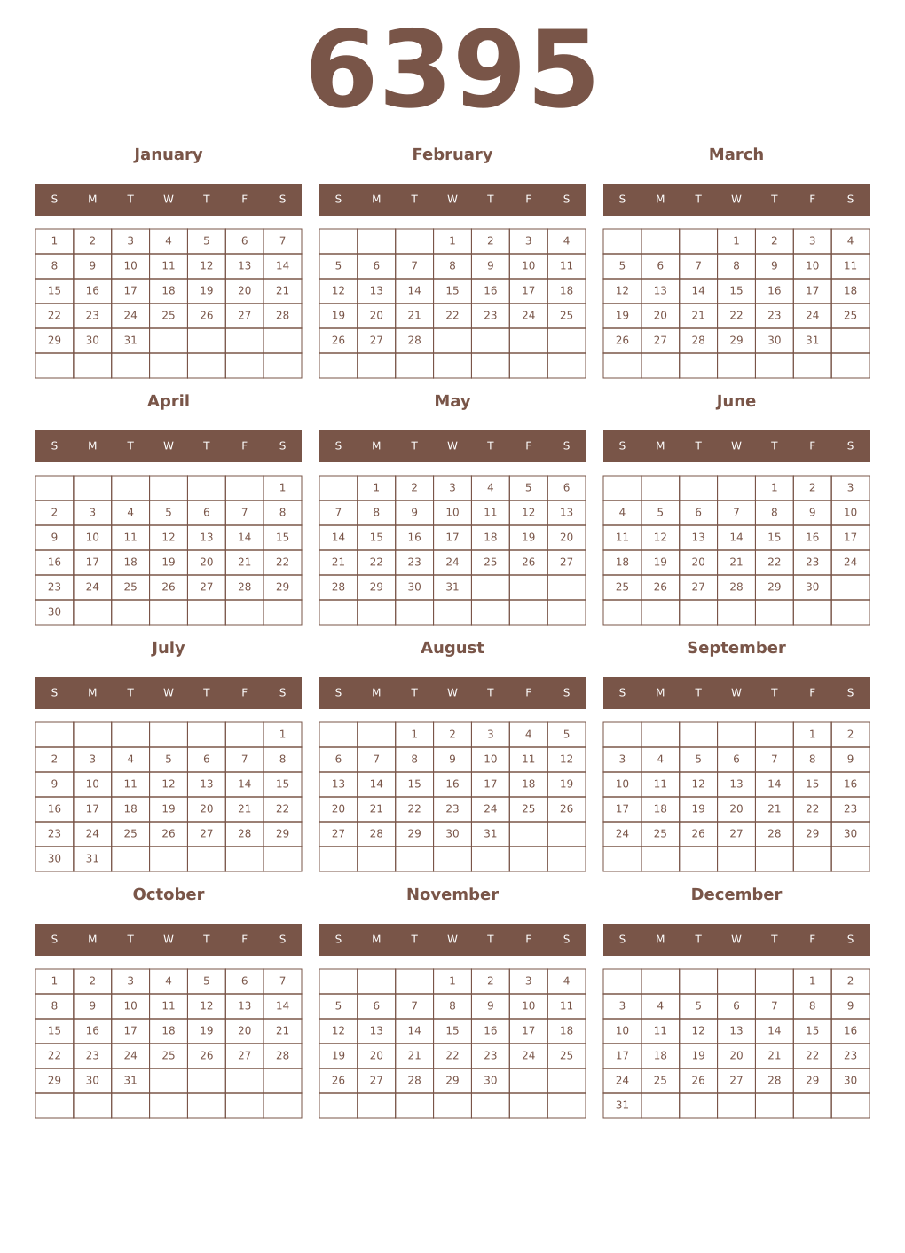 Printable 6395 Year Calendars coffe