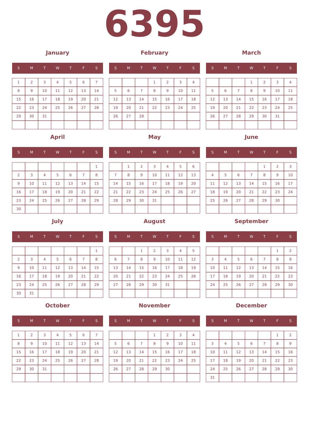 Printable 6395 Year Calendars cordovan