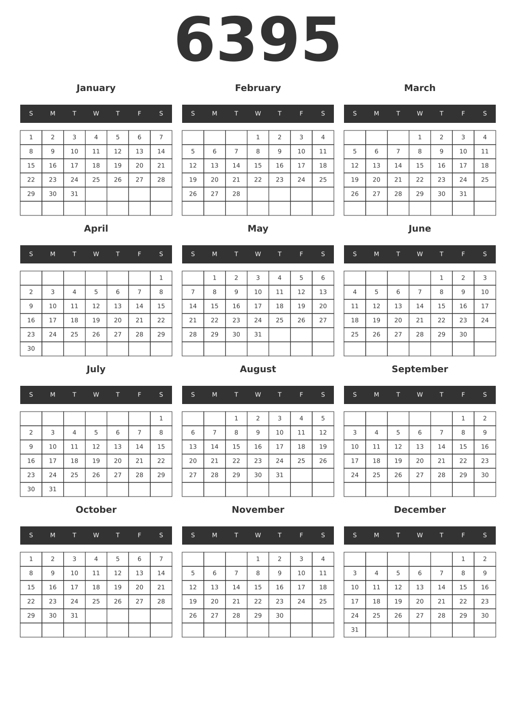 Printable 6395 Year Calendars dark