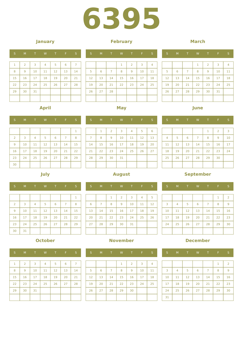 Printable 6395 Year Calendars eburnean