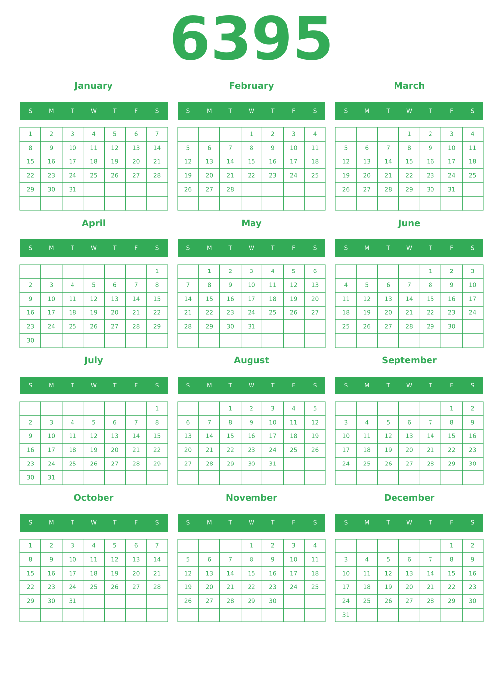 Printable 6395 Year Calendars green