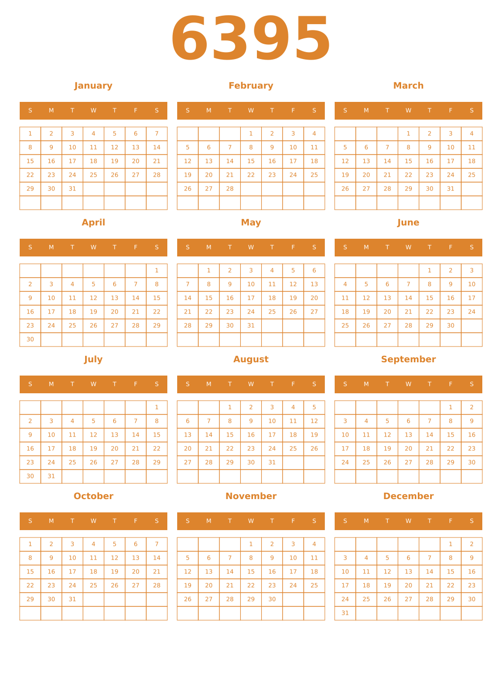 Printable 6395 Year Calendars orange