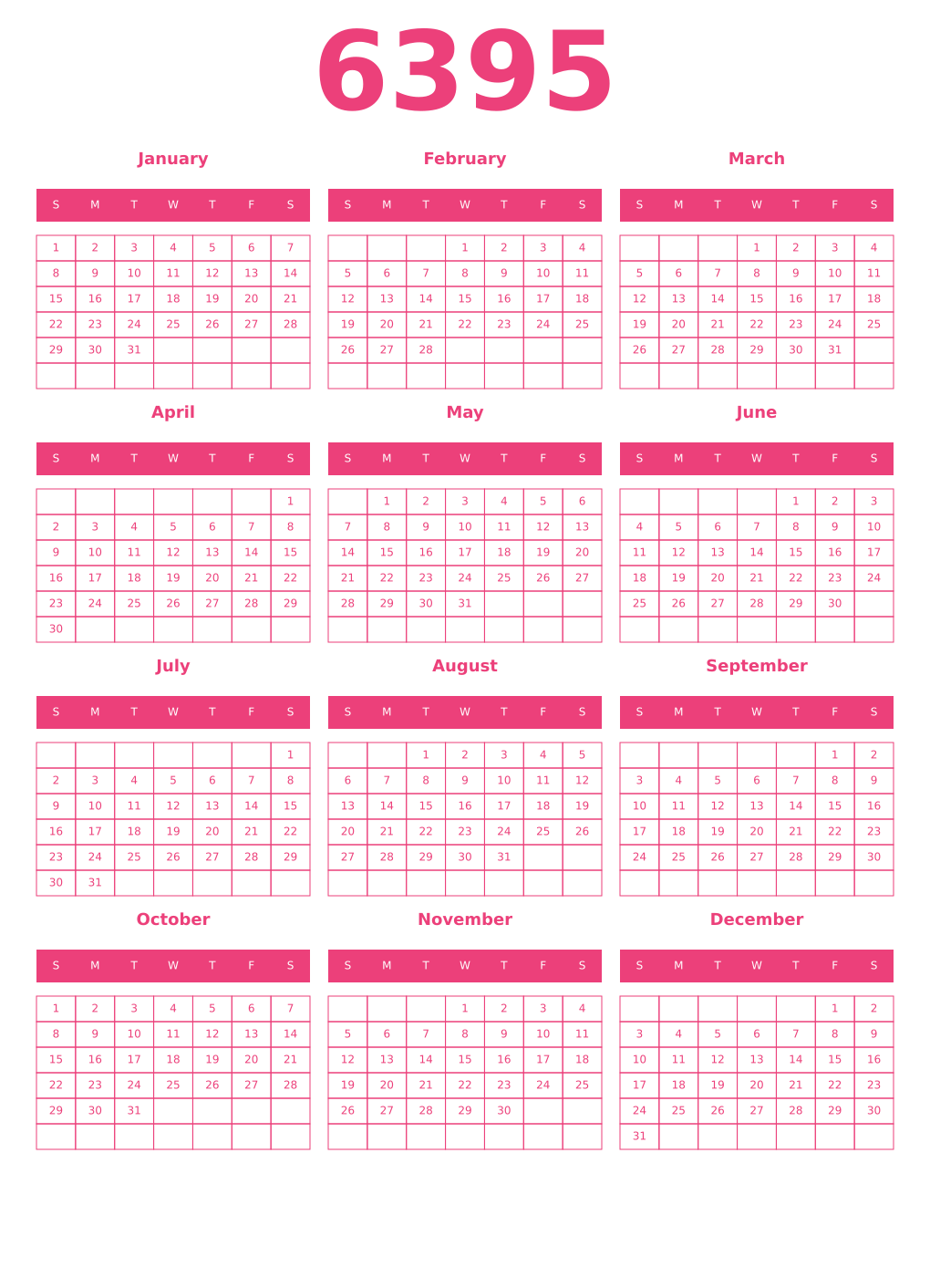 Printable 6395 Year Calendars pink