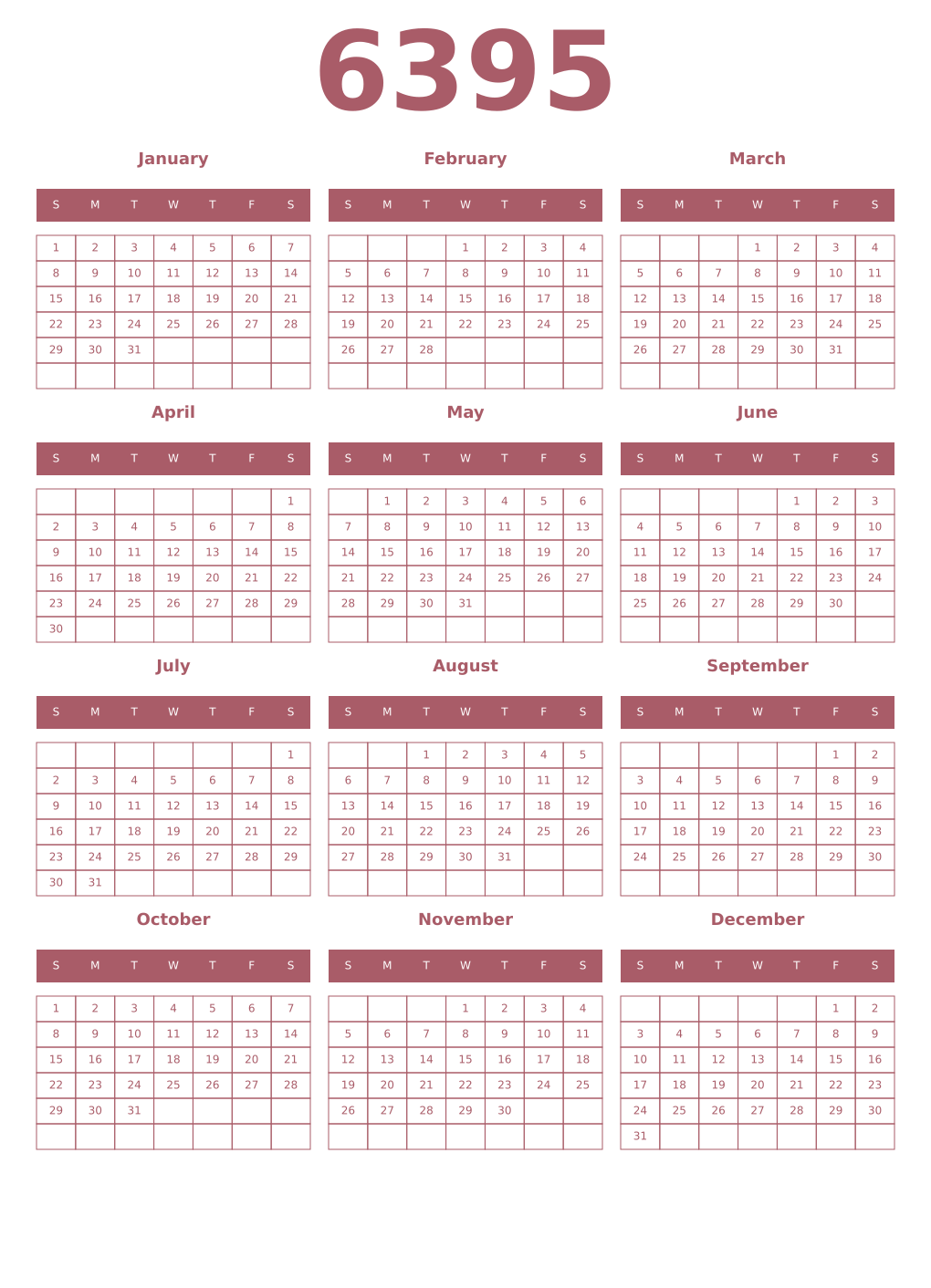 Printable 6395 Year Calendars puce