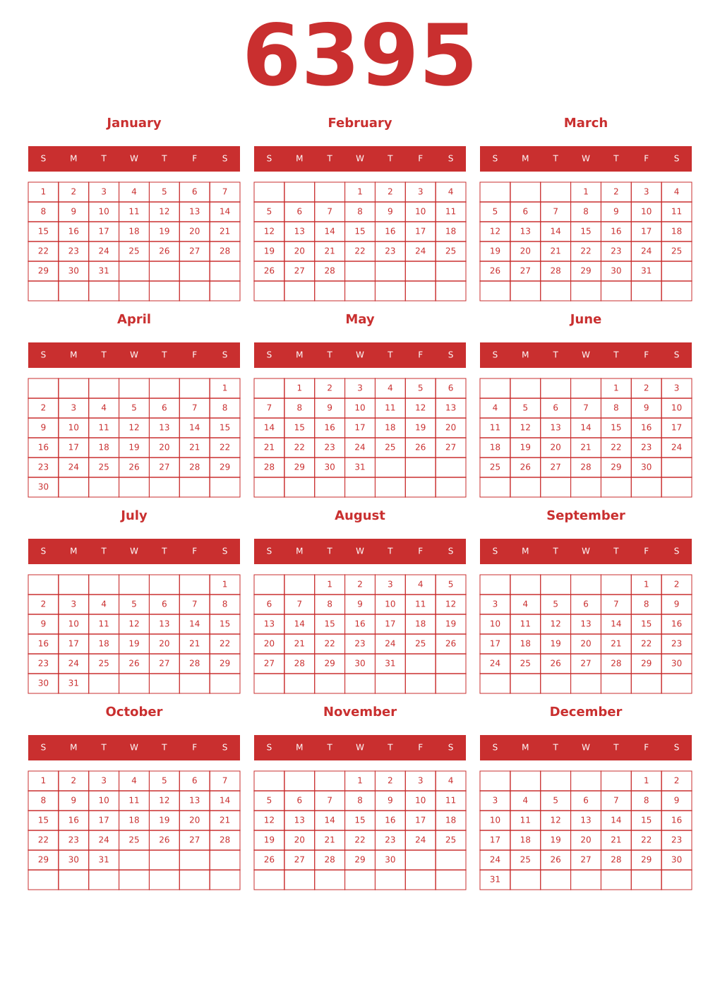 Printable 6395 Year Calendars red