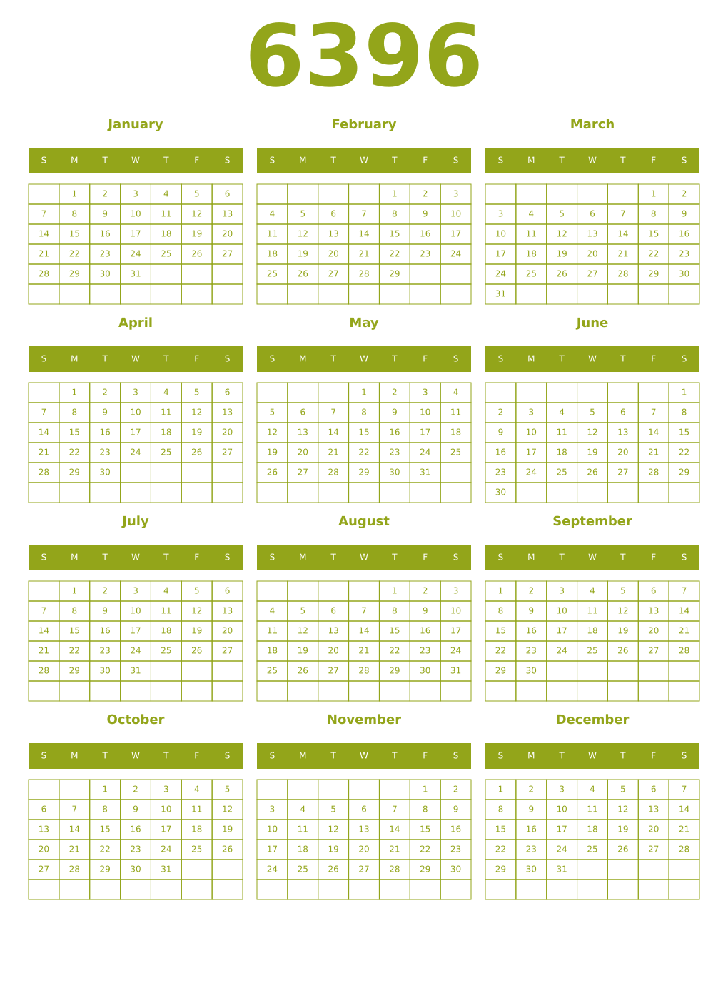 Printable 6396 Year Calendars chartreuse