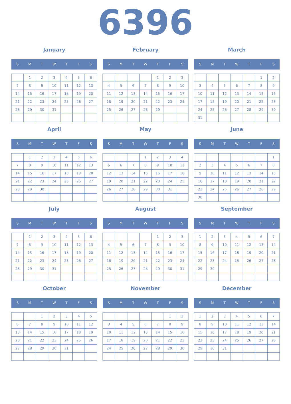 Printable 6396 Year Calendars glaucous