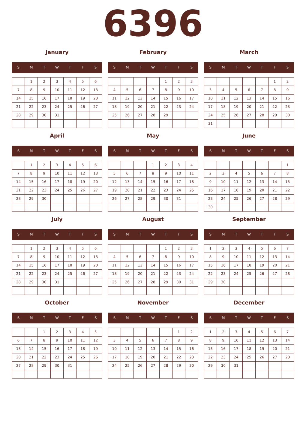 Printable 6396 Year Calendars mortuum