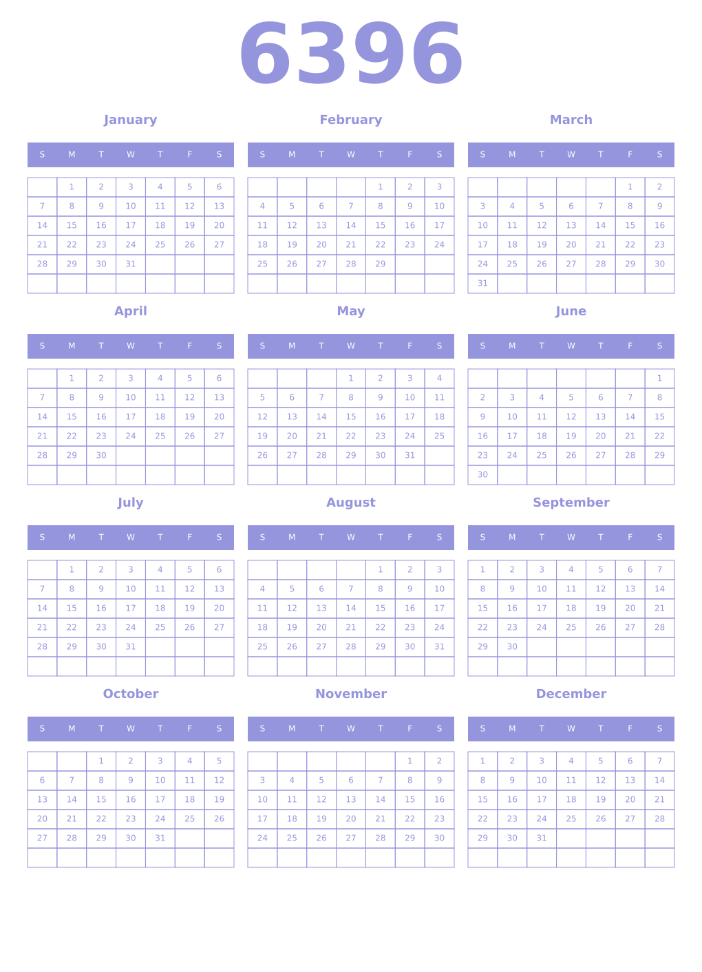 Printable 6396 Year Calendars periwinkle