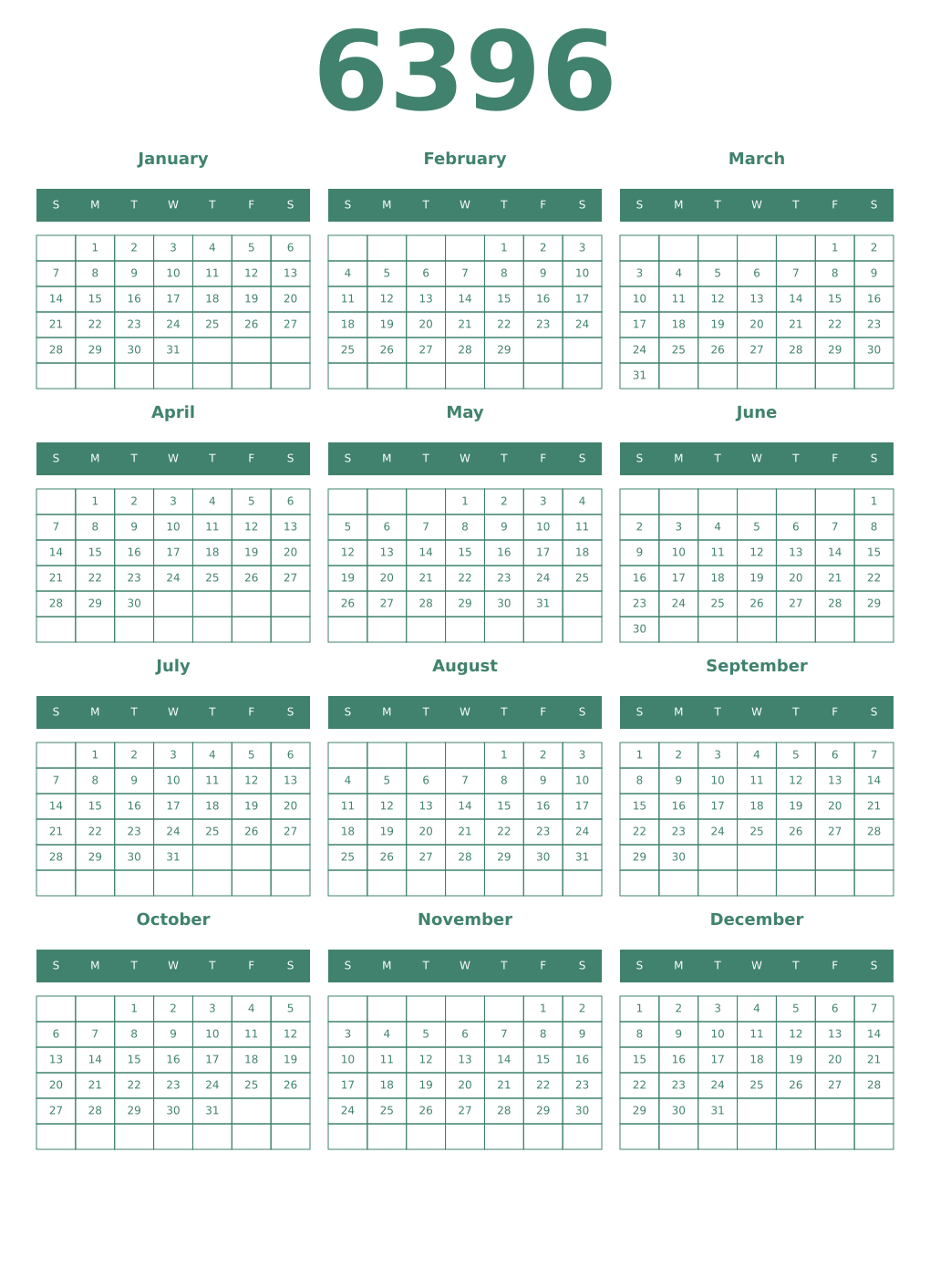 Printable 6396 Year Calendars viridian
