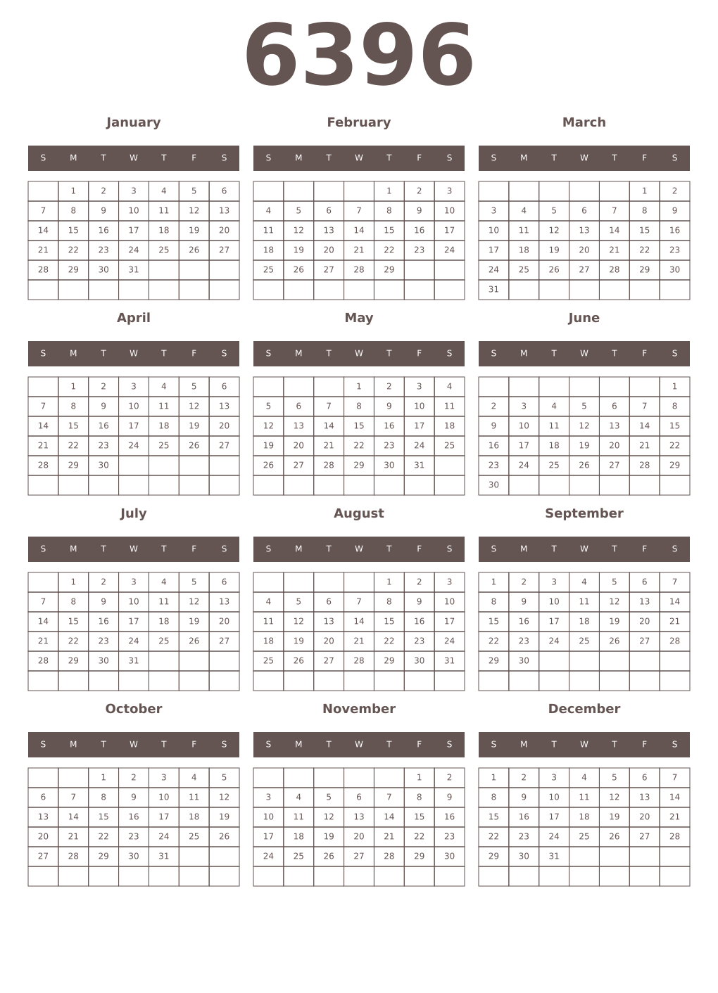 Printable 6396 Year Calendars wenge