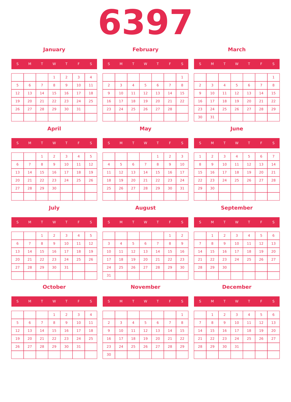 Printable 6397 Year Calendars amaranth