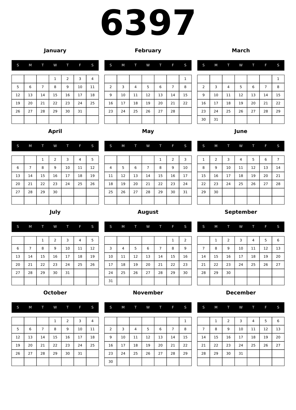 Printable 6397 Year Calendars black