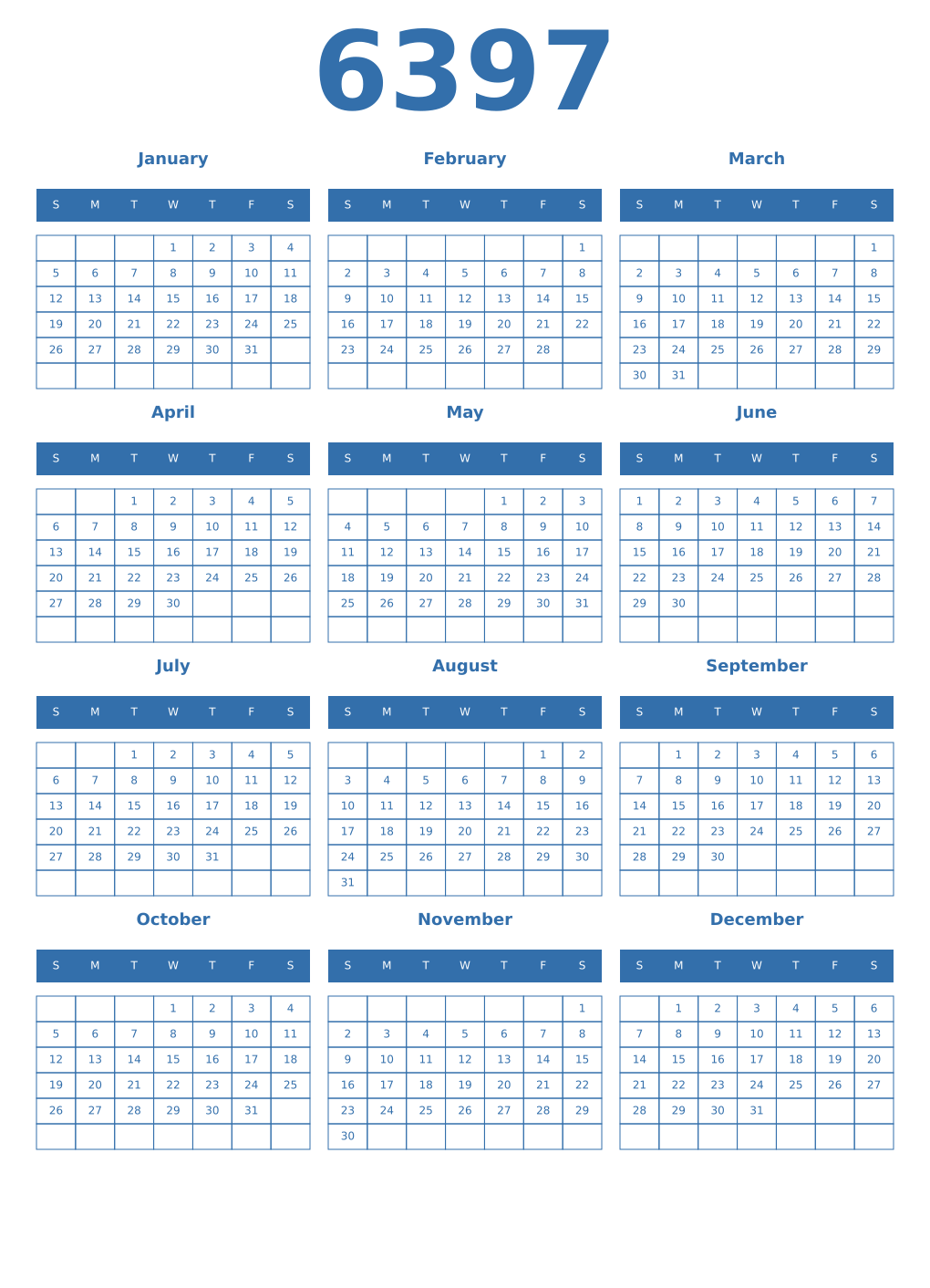 Printable 6397 Year Calendars blue