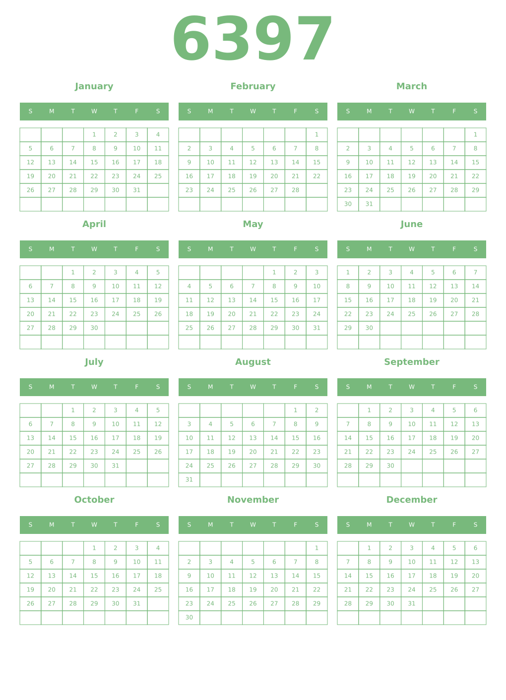Printable 6397 Year Calendars celadon
