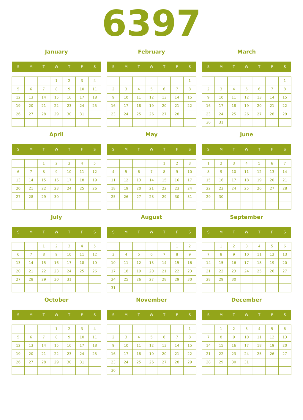 Printable 6397 Year Calendars chartreuse