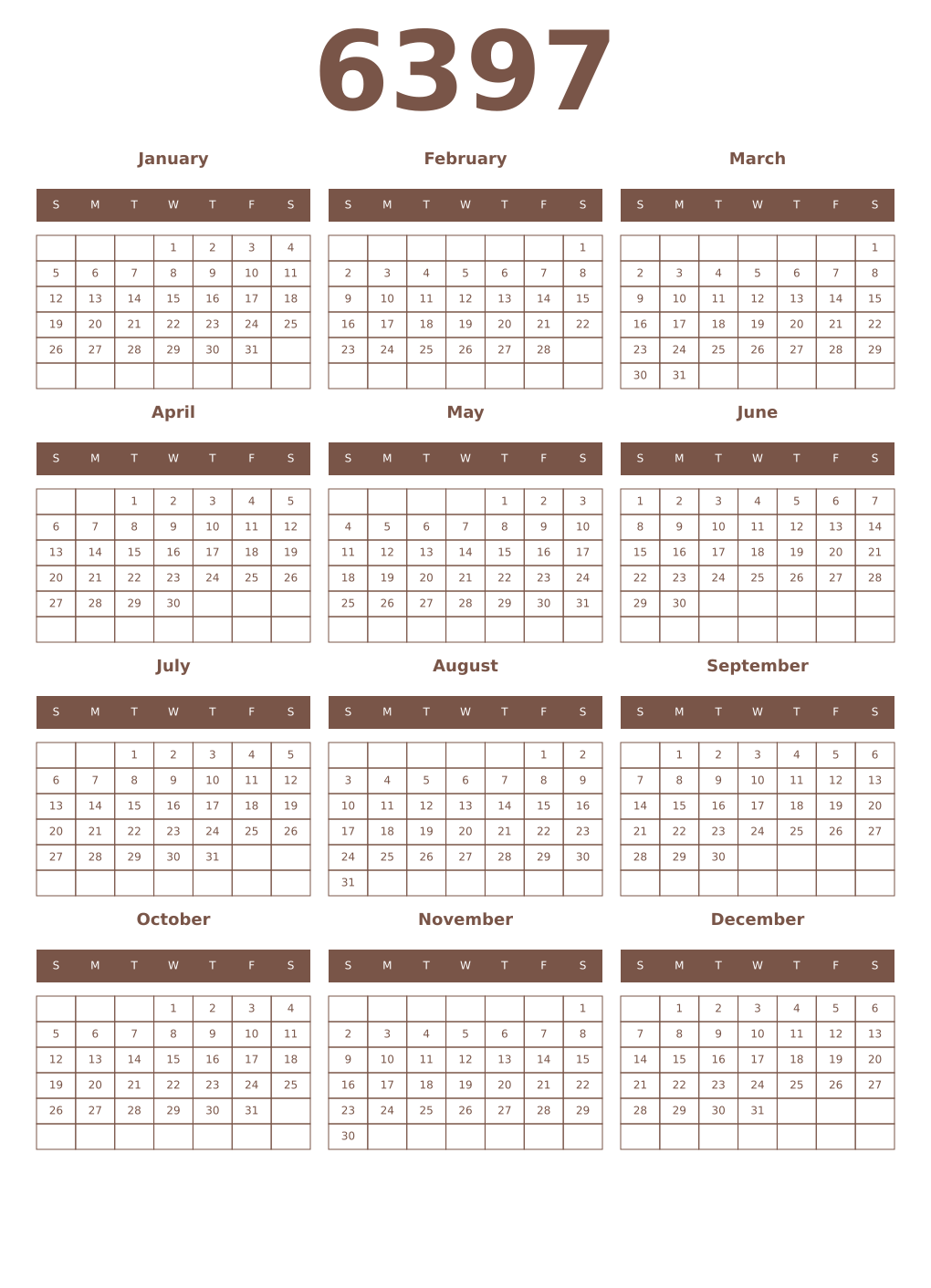 Printable 6397 Year Calendars coffe