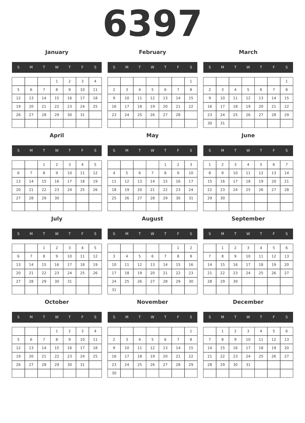Printable 6397 Year Calendars dark