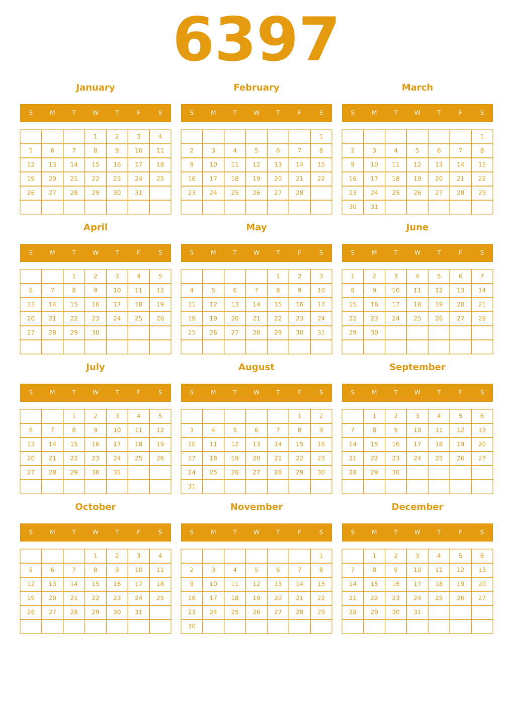 Printable 6397 Year Calendars gamboge