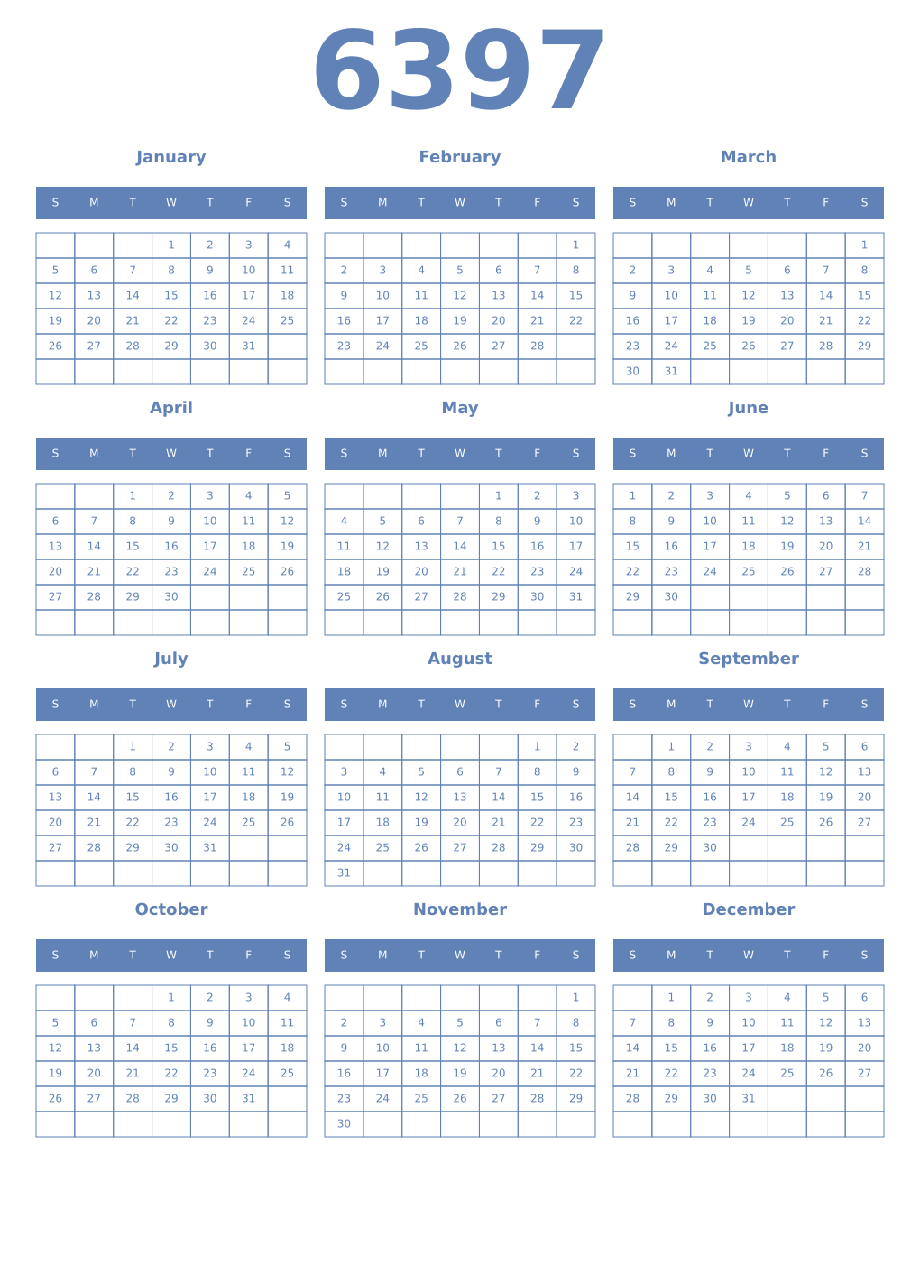 Printable 6397 Year Calendars glaucous