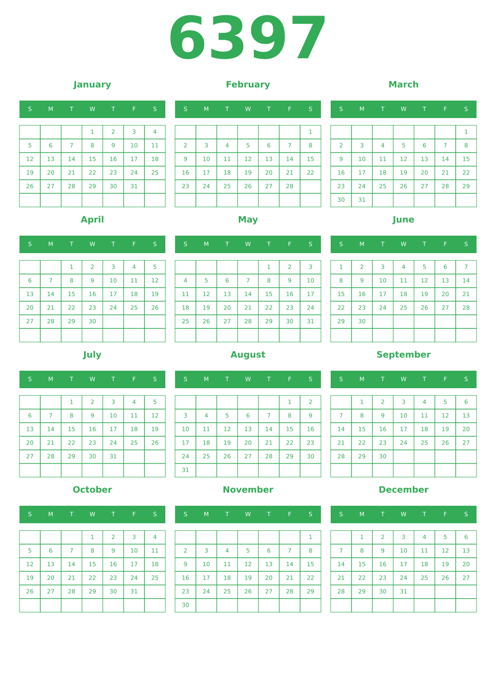 Printable 6397 Year Calendars green