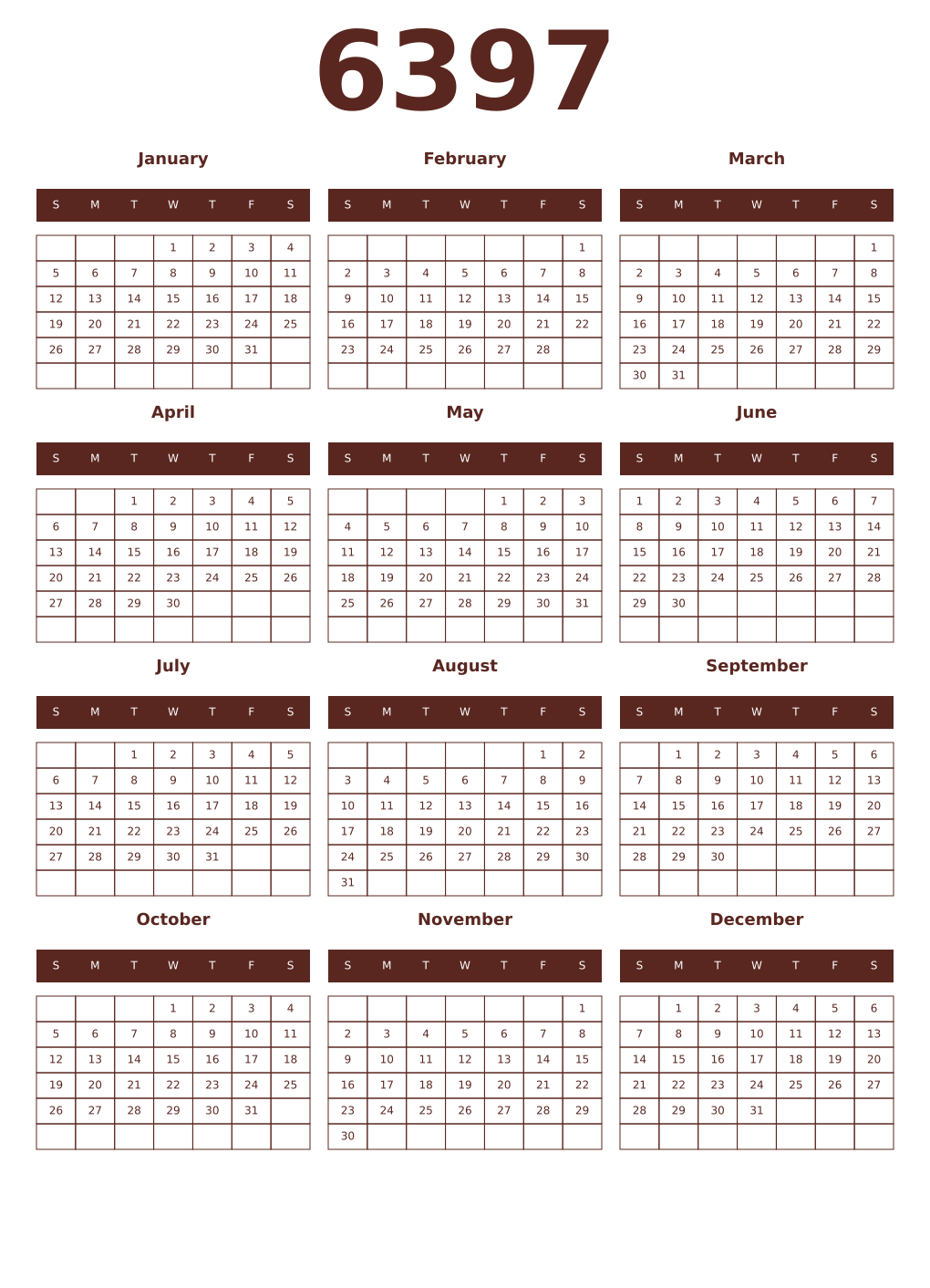 Printable 6397 Year Calendars mortuum