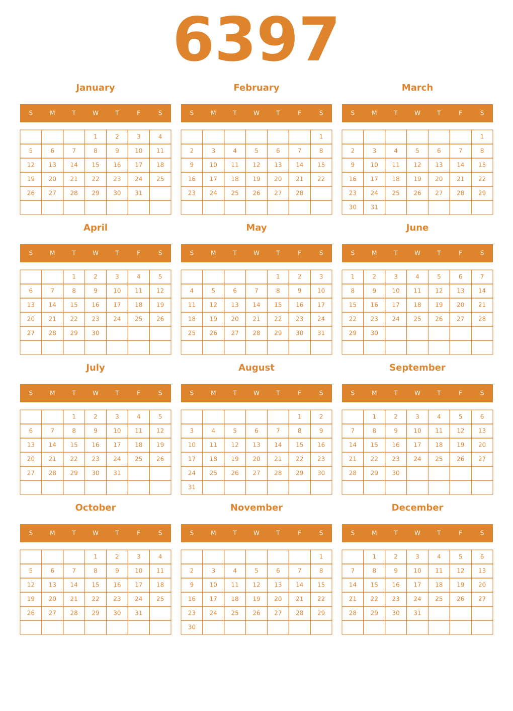Printable 6397 Year Calendars orange