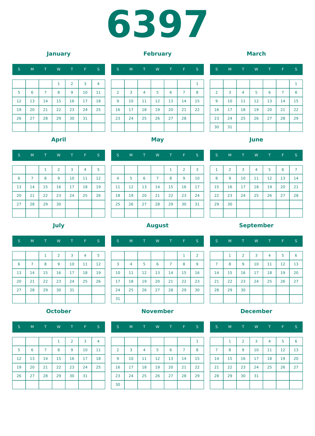 Printable 6397 Year Calendars pastel