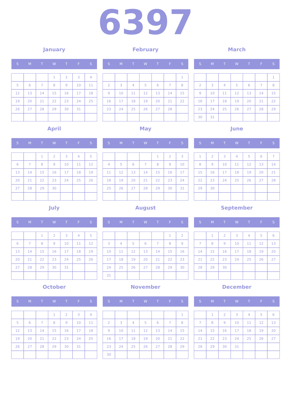 Printable 6397 Year Calendars periwinkle
