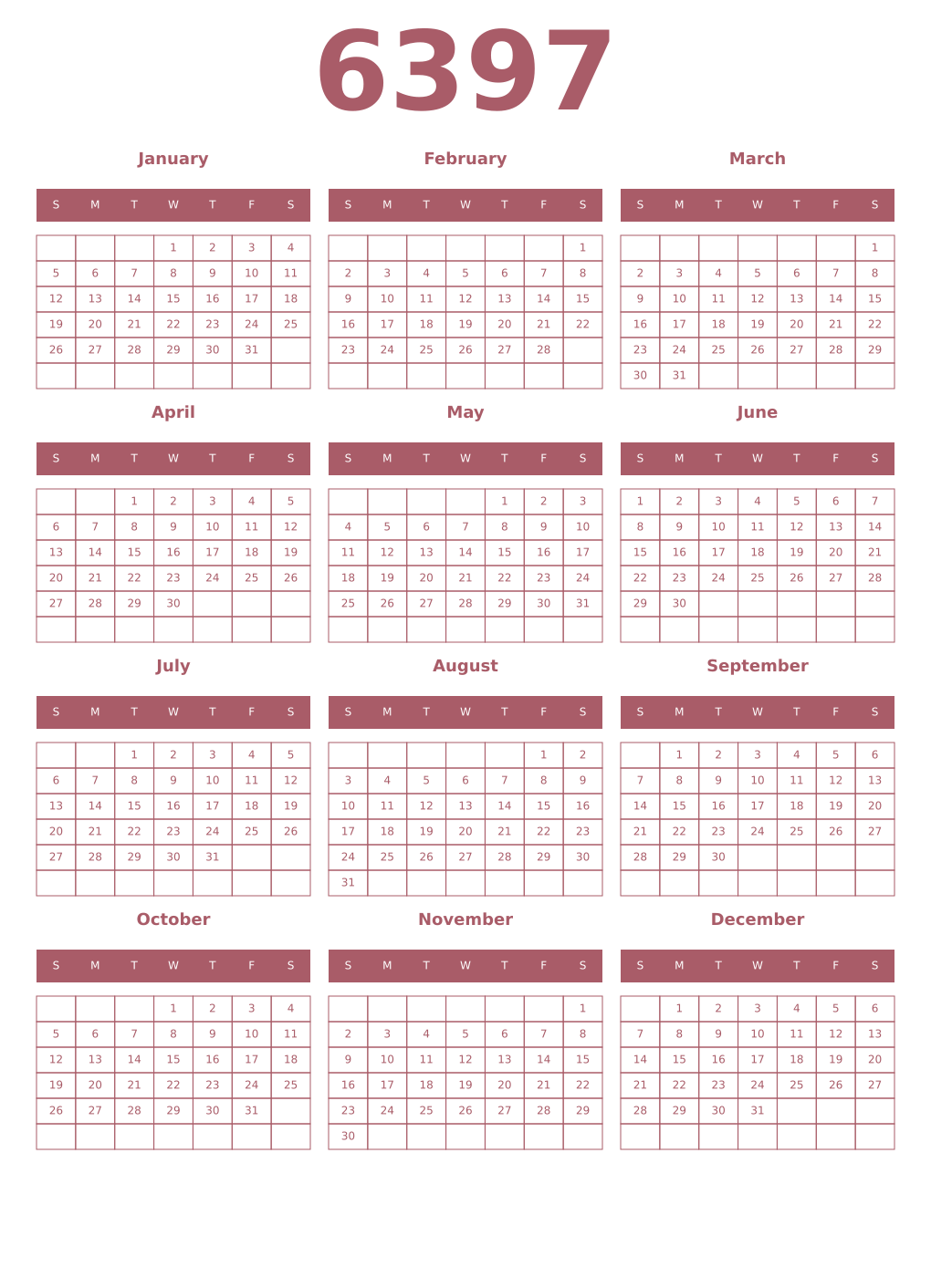 Printable 6397 Year Calendars puce