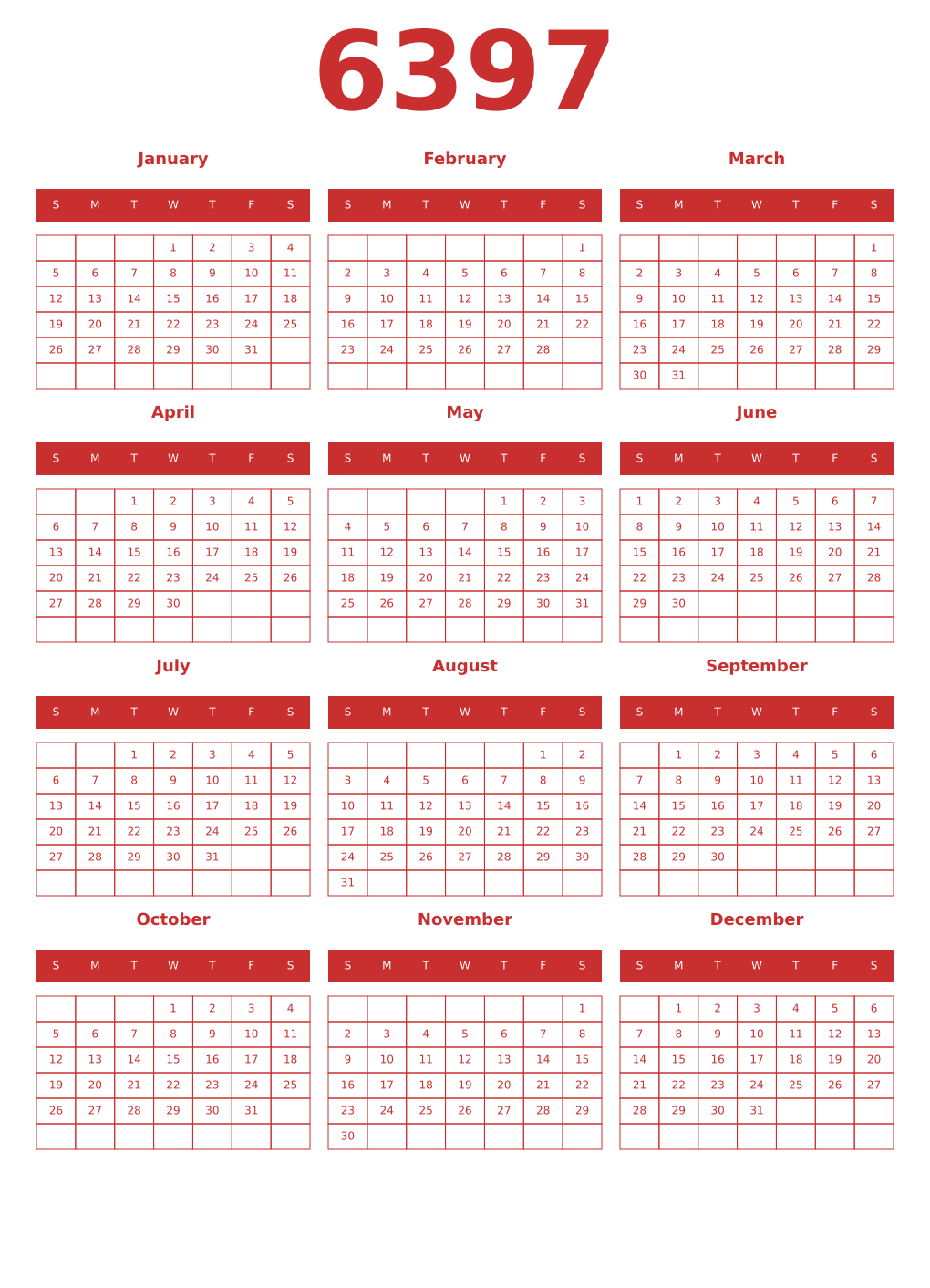 Printable 6397 Year Calendars red