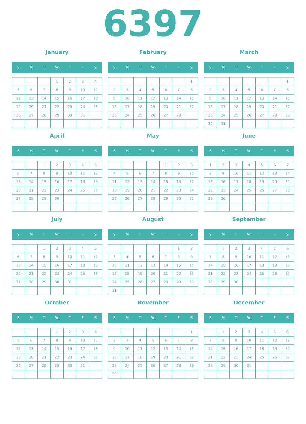 Printable 6397 Year Calendars verdigris